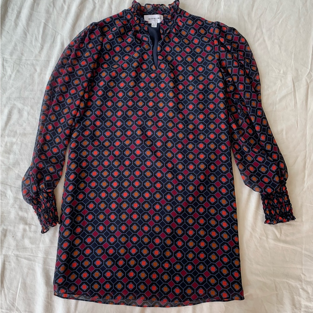 Highline Collective Twee Collared Puffy Long Sleeve Patterned Mini Dress Size XS